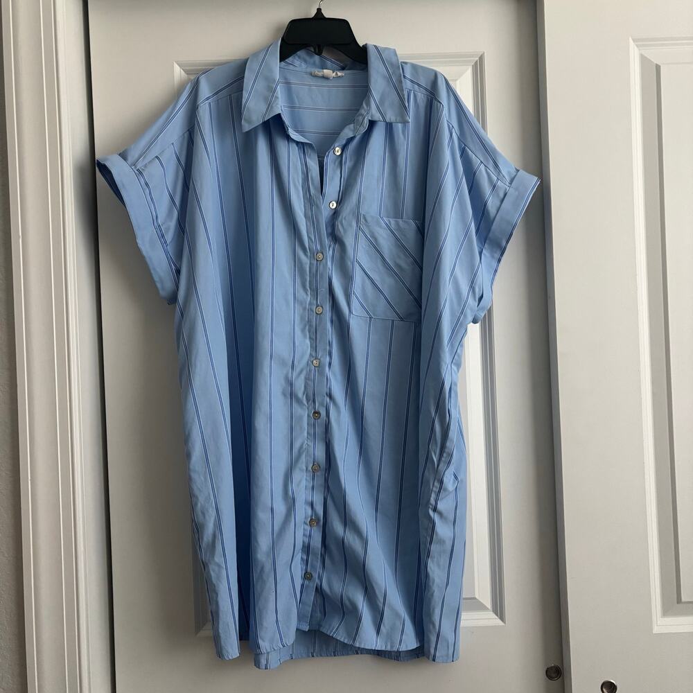 Entro Blue Striped Button Front Shirt Dress Plus Sz 1X Short Sleeve Mini Cotton - Picture 2 of 12